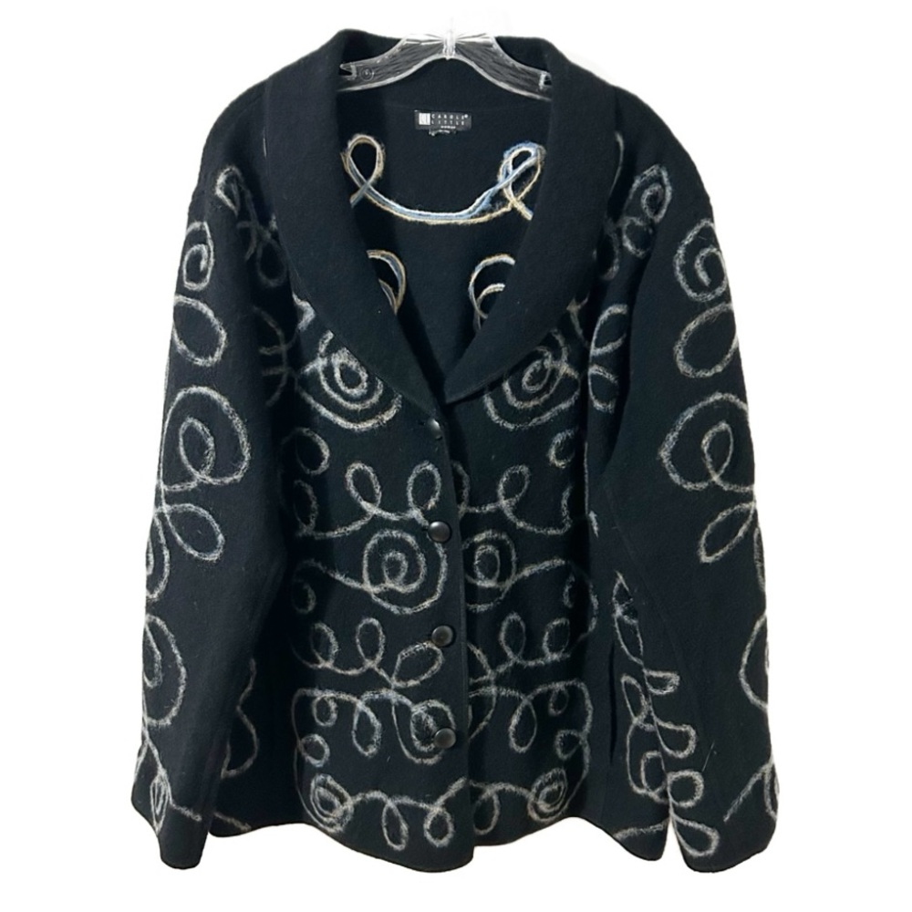 Vintage Carole Little Boiled Wool Cardigan Jacket Black- Yellow Blue White Swirl - Picture 1 of 16